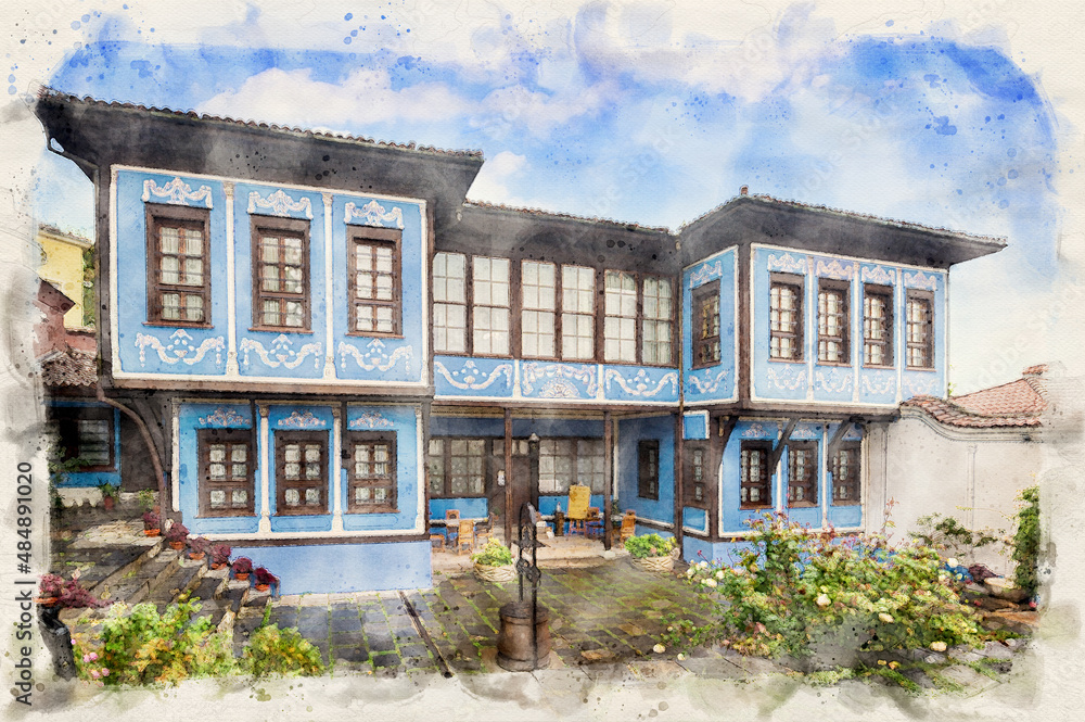 Hindliyan house in the old town of Plovdiv, Bulgaria in watercolor illustration style Hindliyan house in the old town of Plovdiv, Bulgaria in watercolor illustration style