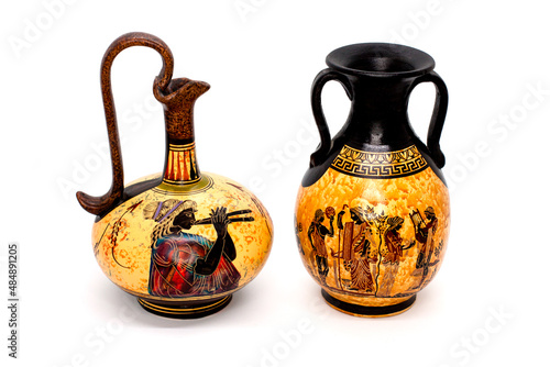 Ancient Greek vase and amphora with ornaments isolated on a white background.