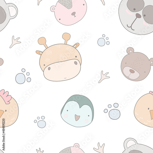 Baby seamless pattern with hand drawn animals. Seamless background with cute animals head. childish style great for fabric and textile, wallpapers, backgrounds.