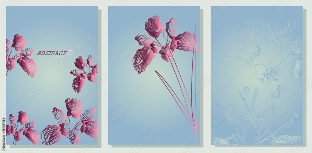 Elegant wall art background. Set of brochures watercolors and iris flowers. Floral pattern, line art. Original multiple line drawing.