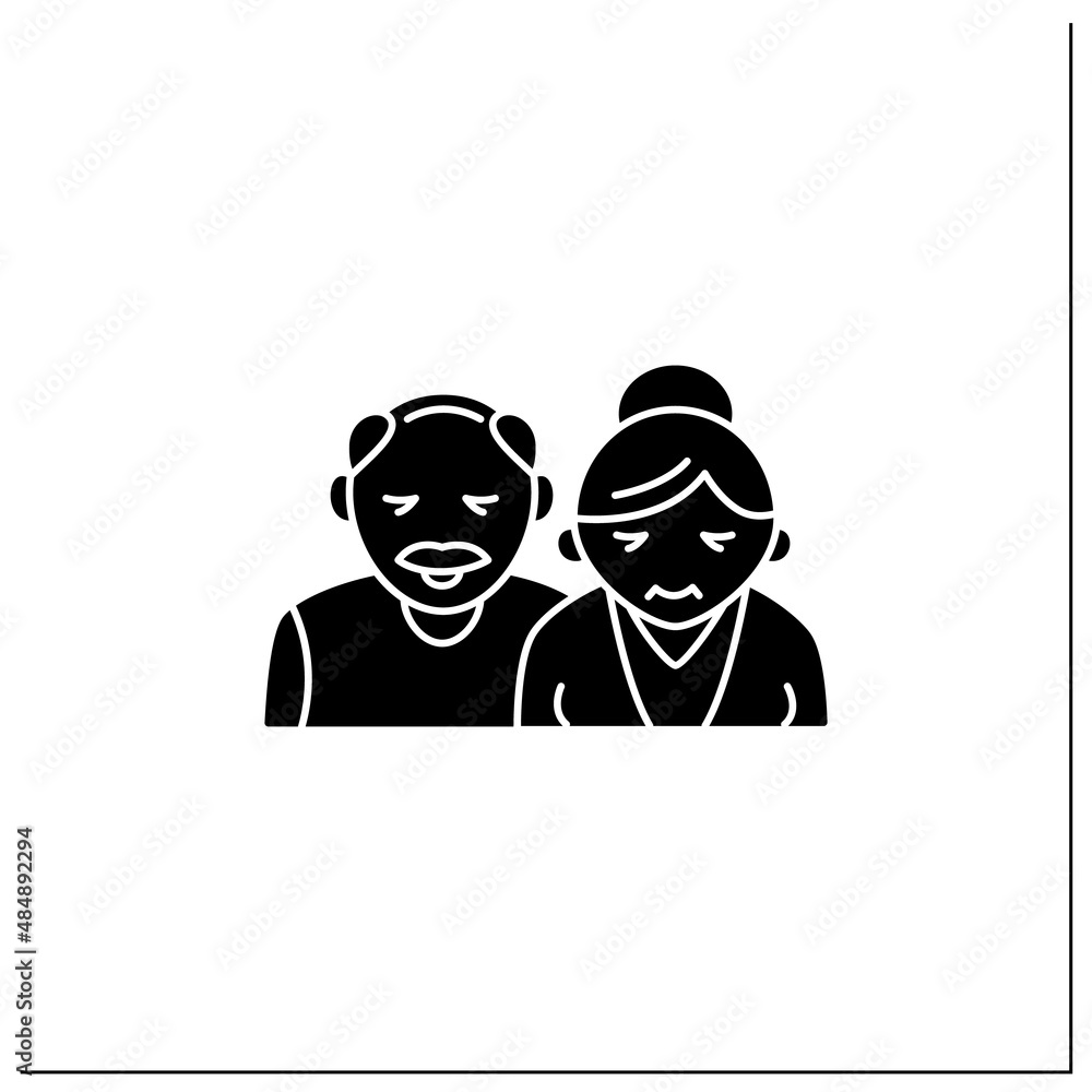 Old age glyph icon. Elderly man and woman. Senescence. Human life cycle ending. Healthcare concept.Filled flat sign. Isolated silhouette vector illustration Old age glyph icon. Elderly man and woman. Senescence. Human life cycle ending. Healthcare concept.Filled flat sign. Isolated silhouette vector illustration