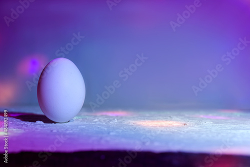 Egg on background of proton purple and yellow neon light. The cosmic universe. The concept of an Easter egg in a new reality