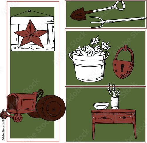 vector illustration decor,farm items,tractor,shovel,pitchfork,lock,cotton bucket,table with vase,frame,retro style,for design