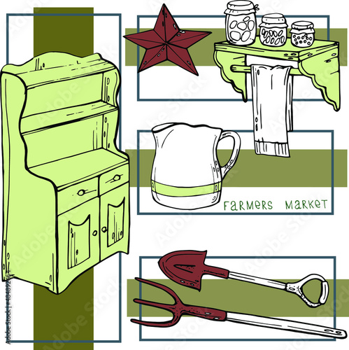 vector illustration set of farm household items,household tools,lettering,frame for design or decoration,cards,invitation