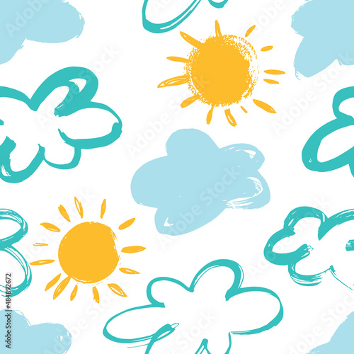 Seamless pattern with clouds and sun. Dry brush.