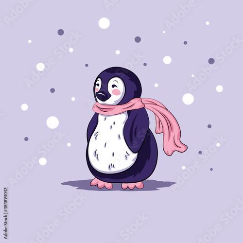 Winter little arctic penguin kid with pink scarf. Natural vector illustration in simple flat style. Hand-drawn wild animalistic childish character under snowfall on blue or purple background.
