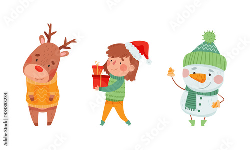 Christmas characters set. Cute girl  snowman and reindeer celebrating Xmas cartoon vector illustration