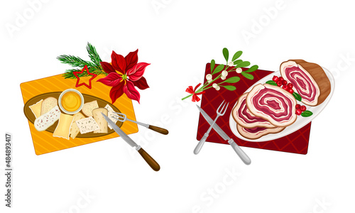 Christmas Eve traditional dishes set. Top view of festive dishes served on plate vector illustration