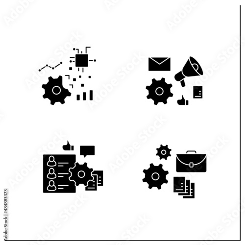Business automation glyph icons set.HR onboarding, marketing automation, implementing business, digital transformation.Business optimization.Filled flat signs. Isolated silhouette vector illustrations