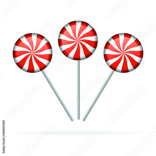 Lollipop candies isolated on white background. 3 Red and white spiral candy. Sweet Strawberry lollipop vector illustration.Design element for patisserie, dessert,web,app, Christmas, New year, holiday.