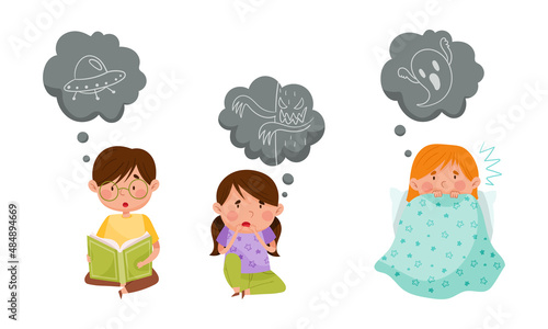 Kid nightmares and fears. Afraid children afraid of ghosts and ufo cartoon vector illustration