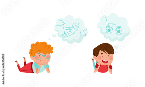 Kids with dream wishes in bubbles set. Children thinking about of becoming superhero and radio controlled car cartoon vector illustration