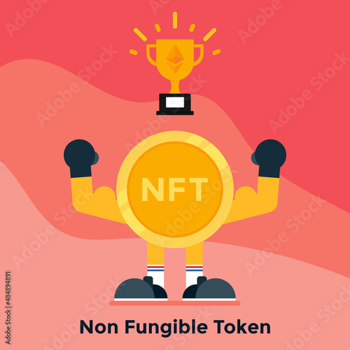 Illustration vector graphic of Non Fungible Token with Its Muscle and Shining Cup. Perfect for NFT poster, NFT content, NFT template, etc.