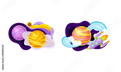Solar System planets, meteorite and space rocket. Fantastic cosmic vector illustration