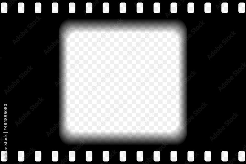 Obraz premium Old black cinematic frame with transparent background. Antique filmstrip slide template in realistic style. Vector illustration video and photo tape.