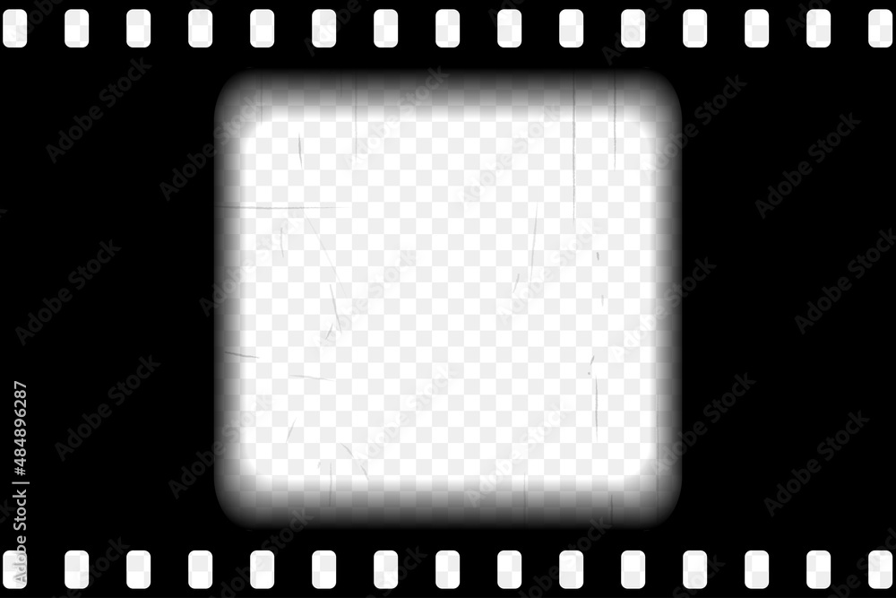 Obraz premium Old black cinematic frame with transparent background. Antique filmstrip slide template in realistic style. Vector illustration video and photo tape.