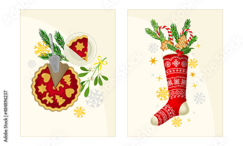 Xmas composition with nitted sock, fir tree branches and pie. Merry Christmas and Happy New Year Holidays card templates set vector illustration