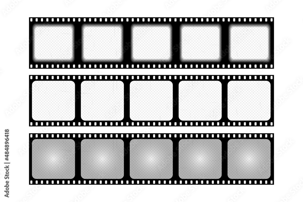 Obraz premium Set old retro film strip frame isolated on white background. Antique films slide template in realistic style. Vector illustration video and photo tape.