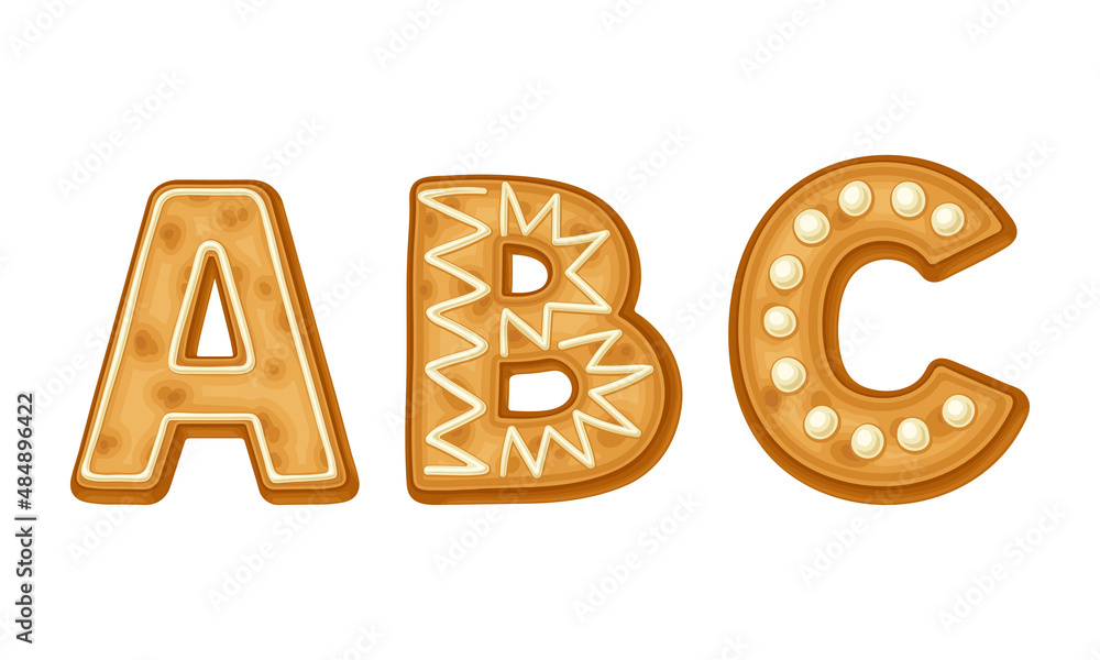 A,B,C letters covered by icing sugar. Ginger cookies Christmas alphabet cartoon vector illustration A,B,C letters covered by icing sugar. Ginger cookies Christmas alphabet cartoon vector illustration