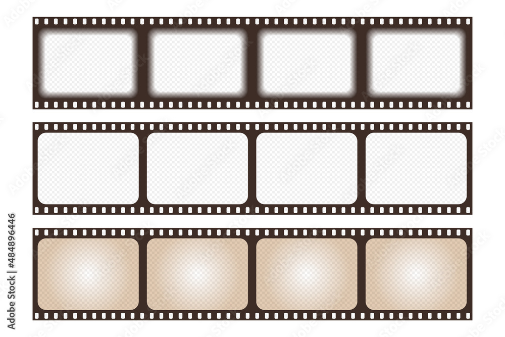 Set old retro film strip frame isolated on white background. Antique films  slide template in realistic style. Vector illustration video and photo  tape. Stock Vector