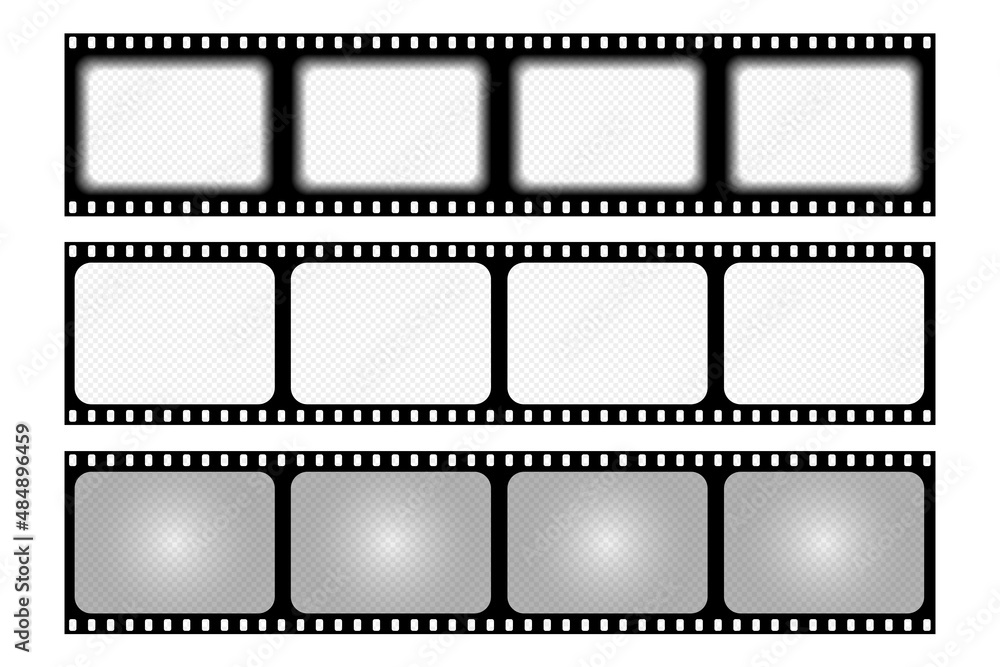 Set old retro film strip frame isolated on white background. Antique films slide template in realistic style. Vector illustration video and photo tape. Set old retro film strip frame isolated on white background. Antique films slide template in realistic style. Vector illustration video and photo tape.