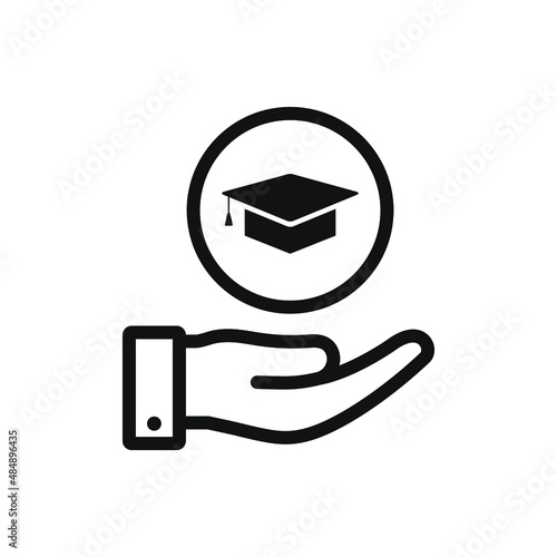 Graduation cap on hand. Education, knowledge, school icon line style isolated. Vector illustration