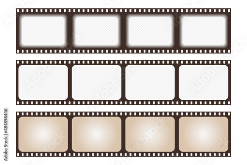 Set old retro film strip frame isolated on white background. Antique films slide template in realistic style. Vector illustration video and photo tape.