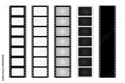 Set old retro film strip frame isolated on white background. Antique films slide template in realistic style. Vector illustration video and photo tape.
