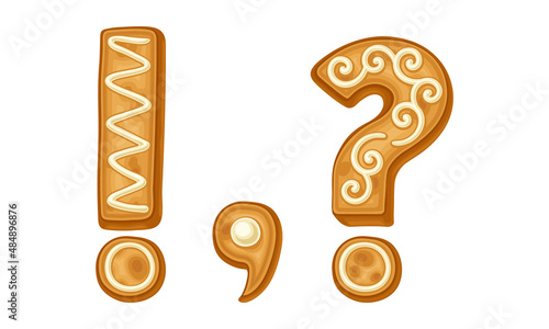 Ginger cookies punctuation marks. Exclamation, question mark and comma covered by icing sugar cartoon vector illustration