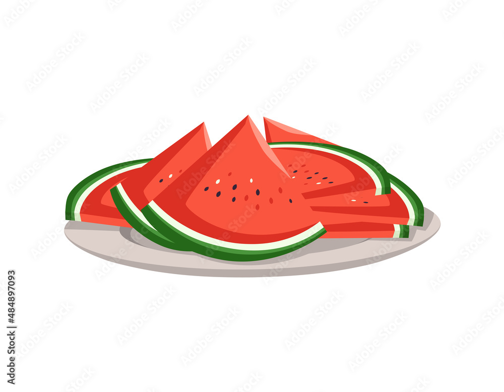 Slice of red juicy watermelon with seeds, cut pieces of fruit on plate. Summer sweetness, juicy food. Vector flat illustration Slice of red juicy watermelon with seeds, cut pieces of fruit on plate. Summer sweetness, juicy food. Vector flat illustration