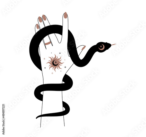 Magic hand and celestial snake outline style. Spiritual elegant symbol for branding name logo. Esoteric mystical silhouette serpent for magic witch craft. Vector illustration