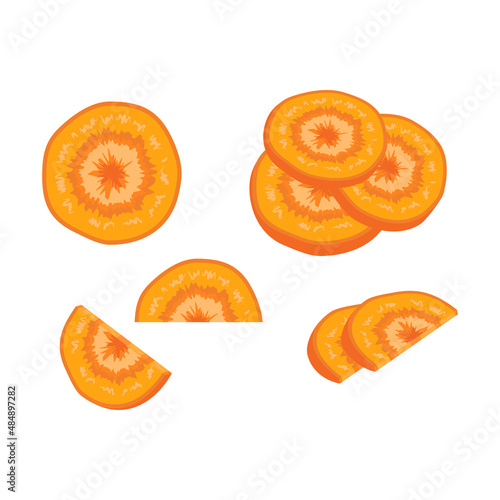 Orange sliced carrots. Healthy food, tasty vegetable. Source of vitamin A, sweet snack. Ingredient for lunch or dinner. Vector flat illustration