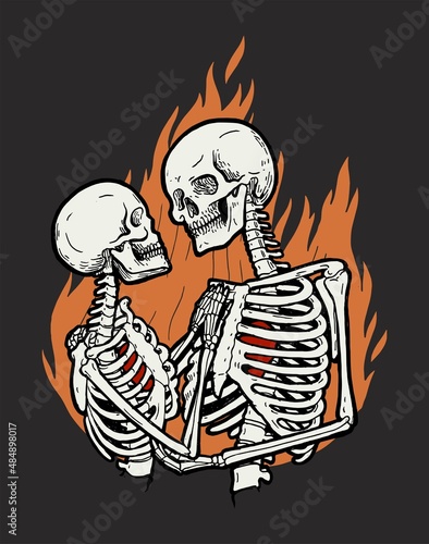 Skeleton couple hugging and kissing in fire. Isolated dead lovers valentines day vector illustration.