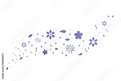 Paper cut background. Purple flowers and leaves are flying. Vector illustration.