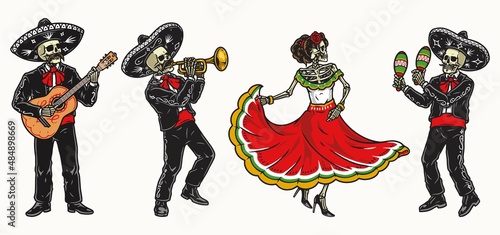 Colorful vintage set of mariachi performers
