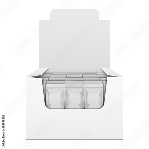 Mockup Display Holder Box Cardboard Filled Blank With Package, Gift, Square Pack. Vitamins, Cosmetic, Perfume, Chocolate. Mock Up, Template. Products On White Background Isolated. Mockup Packing.