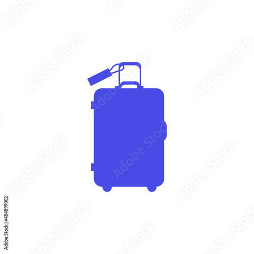 Travel suitcase with wheels in very peri color. Vector icon isolated on white background.