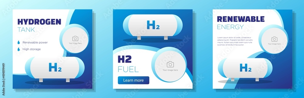Hydrogen energy social media post, square banner set, H2 renewable fuel advertisement concept, futuristic tank marketing ad, zero emission abstract print, isolated on background Hydrogen energy social media post, square banner set, H2 renewable fuel advertisement concept, futuristic tank marketing ad, zero emission abstract print, isolated on background