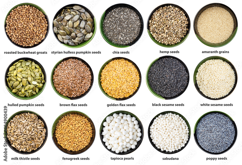 set of various seeds and grains in bowl with names set of various seeds and grains in bowl with names