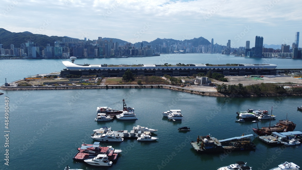 Ariel Drone View of Kai Tak Cruise Terminal and Hong kong island