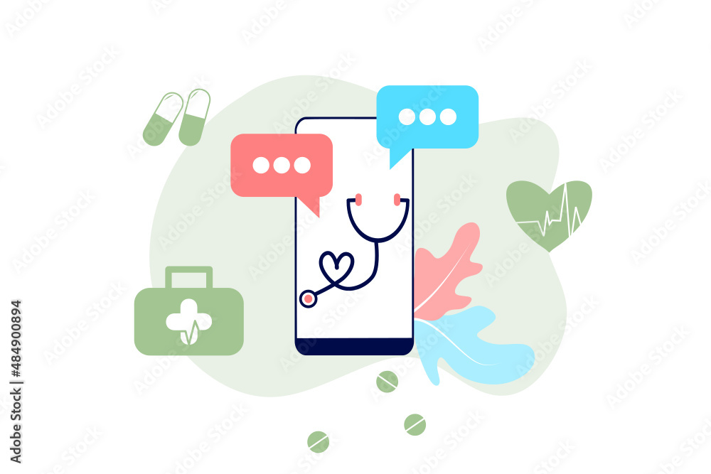 Online health tele medicine flat illustration. Online medical healthcare consultation and treatment via mobile phone application of computer connected internet clinic. Online ask doctor consultation.