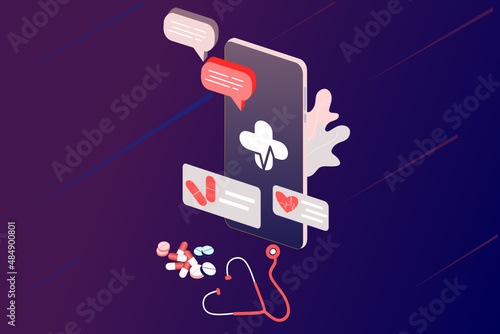 Online health tele medicine flat illustration. Online medical healthcare consultation and treatment via mobile phone application of computer connected internet clinic. Online ask doctor consultation.