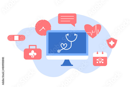 Online health tele medicine flat illustration. Online medical healthcare consultation and treatment via mobile phone application of computer connected internet clinic. Online ask doctor consultation.