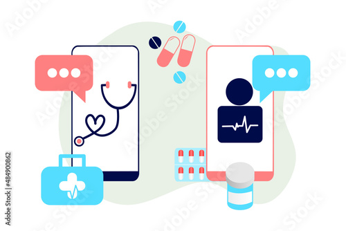 Online health tele medicine flat illustration. Online medical healthcare consultation and treatment via mobile phone application of computer connected internet clinic. Online ask doctor consultation.