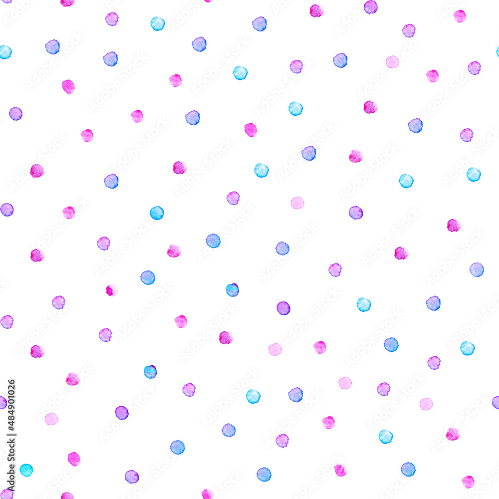 Hand drawn watercolor seamless pattern with dots texture in blue, purple and pink colors.