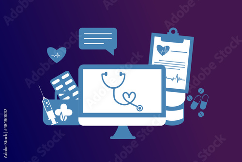 Online health tele medicine flat illustration. Online medical healthcare consultation and treatment via mobile phone application of computer connected internet clinic. Online ask doctor consultation.