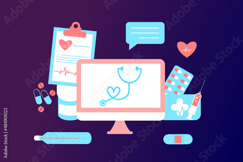 Online health tele medicine flat illustration. Online medical healthcare consultation and treatment via mobile phone application of computer connected internet clinic. Online ask doctor consultation.