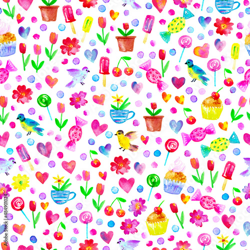 Spring season seamless background with flowers, birds, hearts, cup, cake, candy, popsicles, tulips, daffodils, primrose. © katyabogina