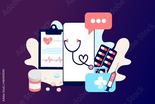 Online health tele medicine flat illustration. Online medical healthcare consultation and treatment via mobile phone application of computer connected internet clinic. Online ask doctor consultation.