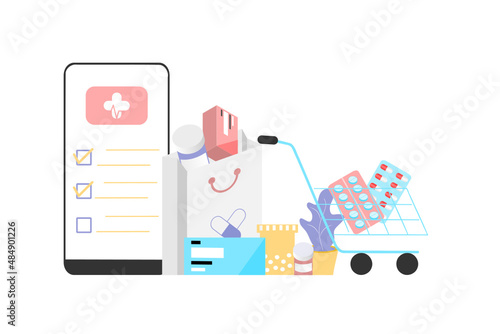 Online pharmacy app concept of healthcare, drugstore and e-commerce. Vector illustration of prescription drugs, first aid kit and medical supplies being sold online via web or computer technology.